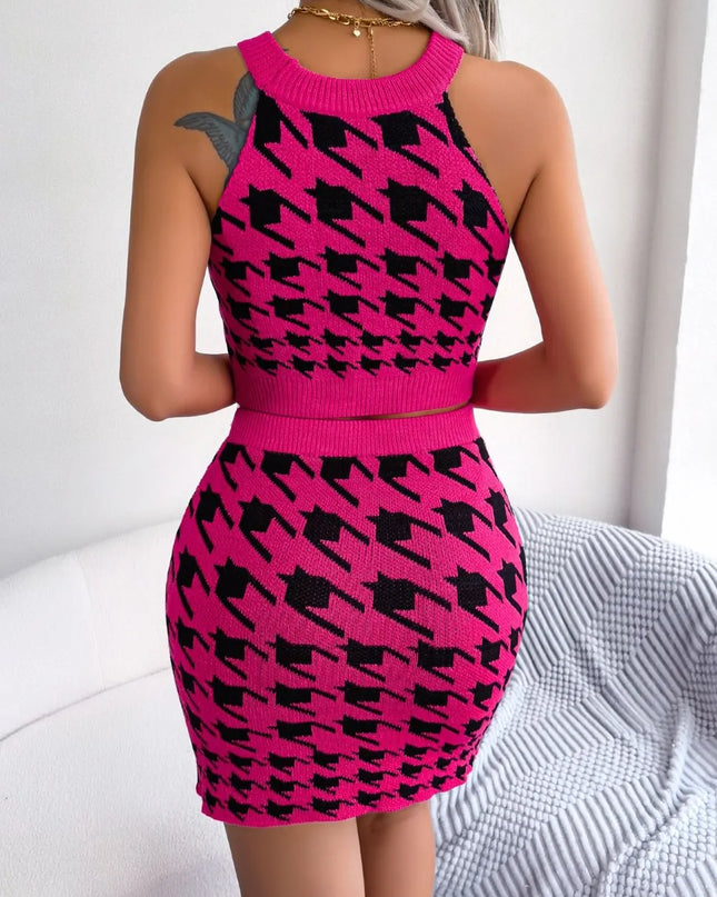 Houndstooth Sleeveless Top and Skirt Sweater Set