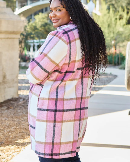 Double Take Full Size Plaid Button Up Lapel Collar Coat