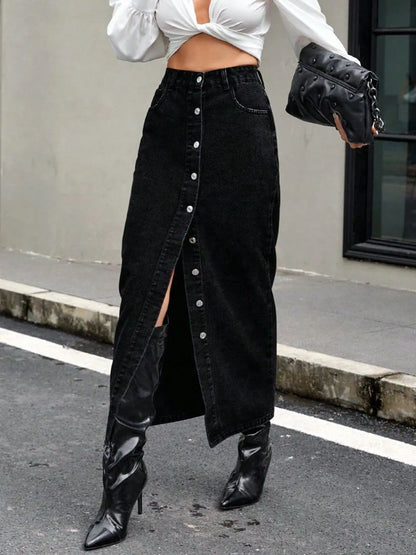 Button Front Denim Skirt 