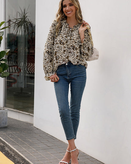 Ivy Lane Printed Tie Neck Frill Trim Flounce Sleeve Blouse