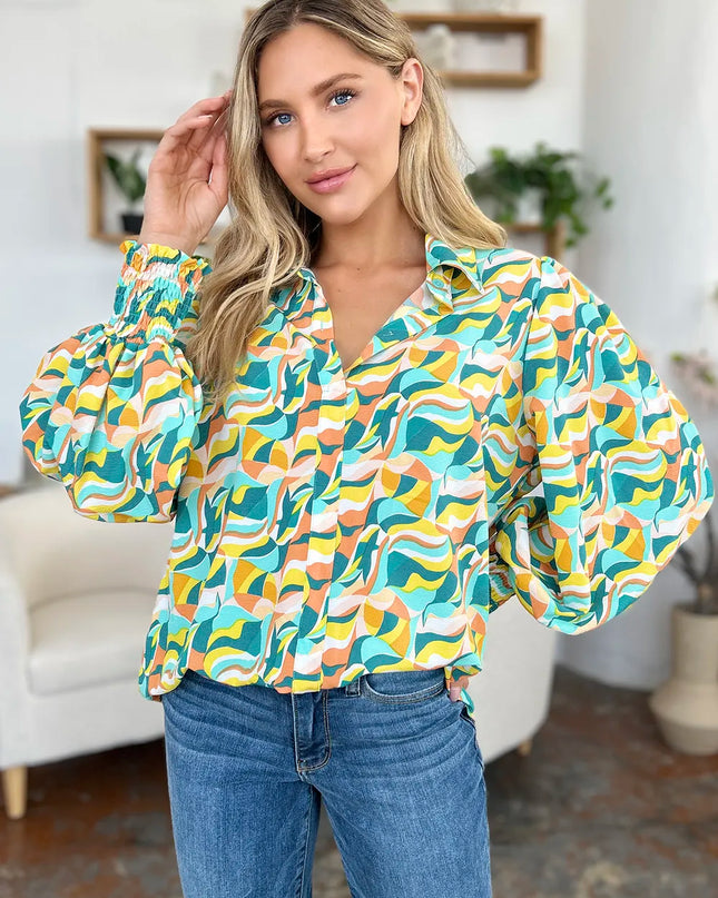 Double Take Full Size Printed Smocked Long Sleeve Blouse
