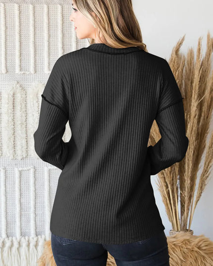 Heimish Full Size Ribbed V-Neck Exposed Seam Top