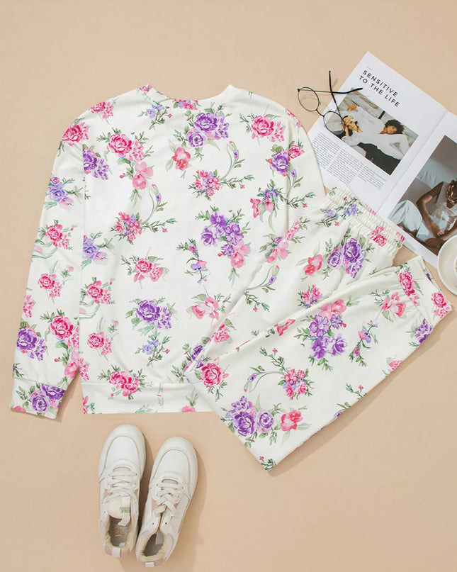 Floral Print Round Neck Top and Drawstring Pants Lounge Set