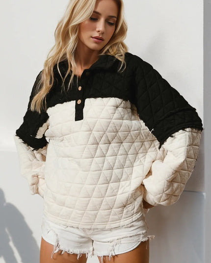 Double Take Quarter Button Contrast Long Sleeve Quilted Sweatshirt Black