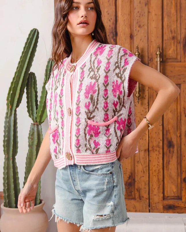 SO ME Button Front Floral and Stripe Knitted Sweater Vest