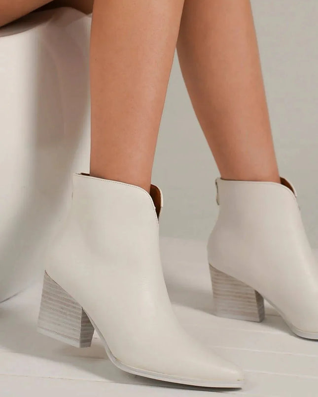 Beast Fashion PU Leather Block Heel Boots with Back Zippers White