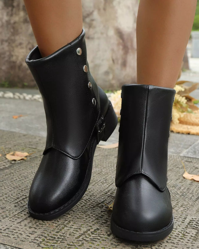 Buckle Block Heels Boots