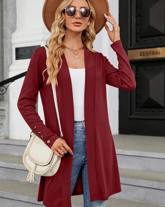 Open Front Long Sleeve Cardigan Wine