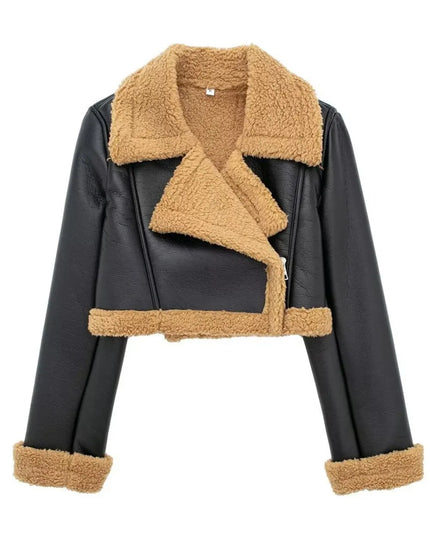 Collared Neck Long Sleeve Plush Cropped Jacket Black