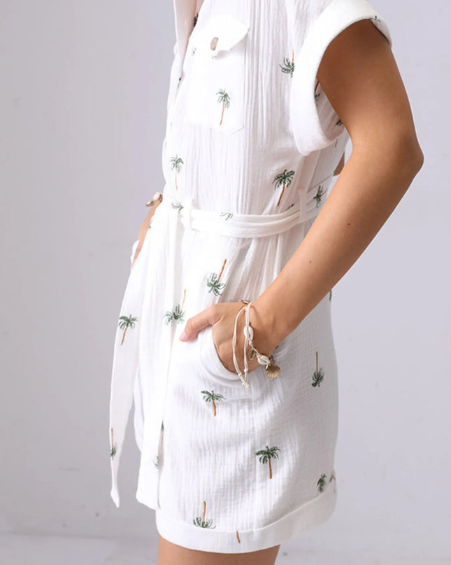 Palm Tree Print Short Sleeve Button-Up Romper with Belt