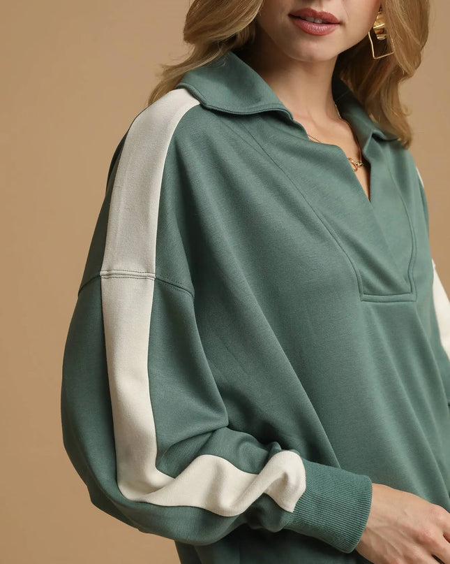 Umgee Contrast Long Sleeve Sweatshirt with Collar