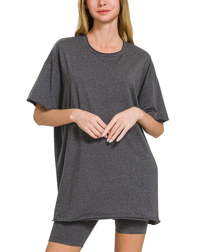 Zenana Cotton Round Neck Top & Biker Shorts