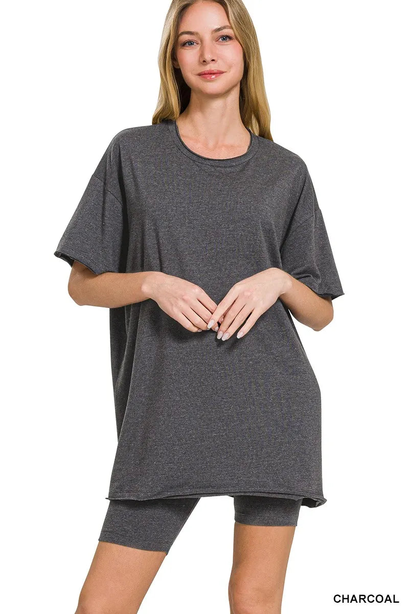 Zenana Cotton Round Neck Top & Biker Shorts