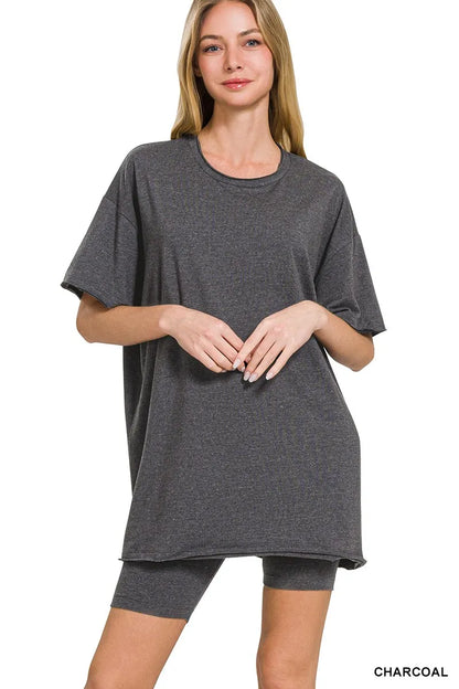 Zenana Cotton Round Neck Top & Biker Shorts