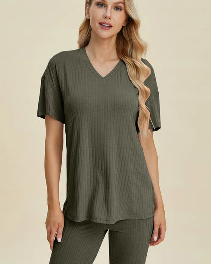 Basic Bae Full Size Ribbed V-Neck Short Sleeve Top and Shorts Set Moss