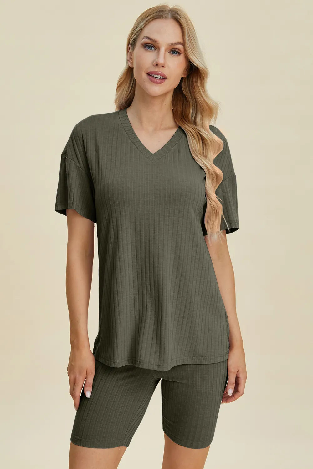 Basic Bae Full Size Ribbed V-Neck Short Sleeve Top and Shorts Set Moss