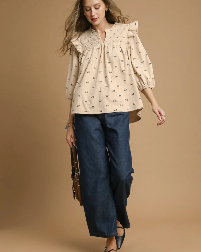 Umgee Bow Print Corduroy Puff Sleeve Blouse with Ruffled