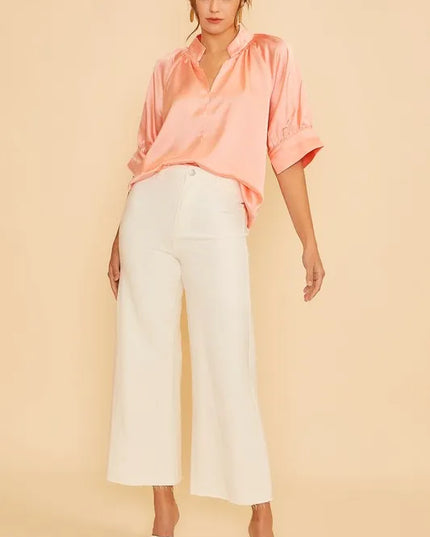 Annie Wear Satin V Neck Open Short Sleeve Woven Blouse Top PEACH