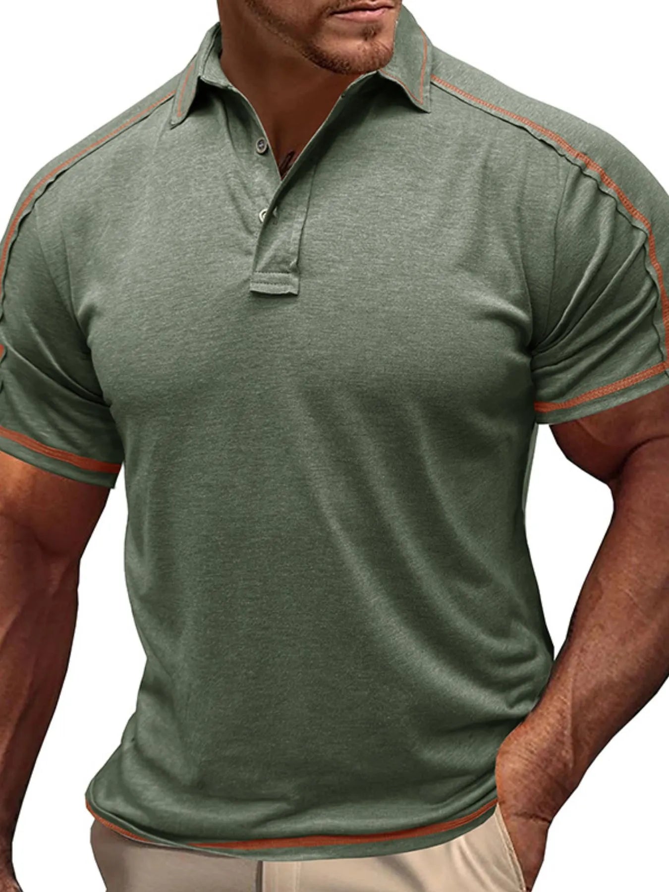 Men's Collared Neck Polo Shirt with Contrast Piping Moss