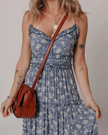 Floral Spaghetti Strap Frilled V Neck Tiered Midi Dress