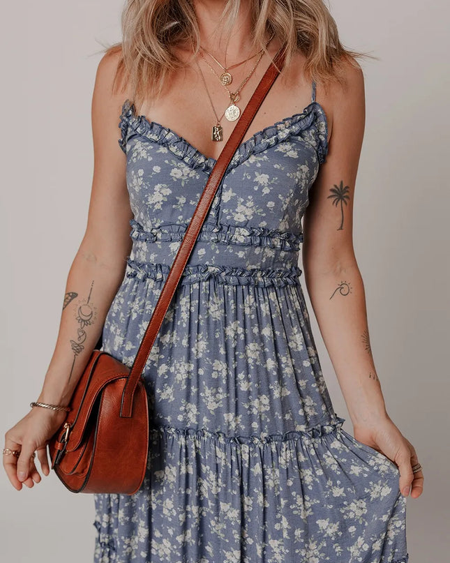 Floral Spaghetti Strap Frilled V Neck Tiered Midi Dress