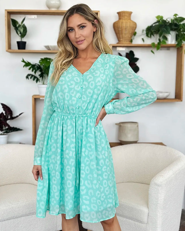 Double Take Full Size Printed Ruched V-Neck Long Sleeve Dress