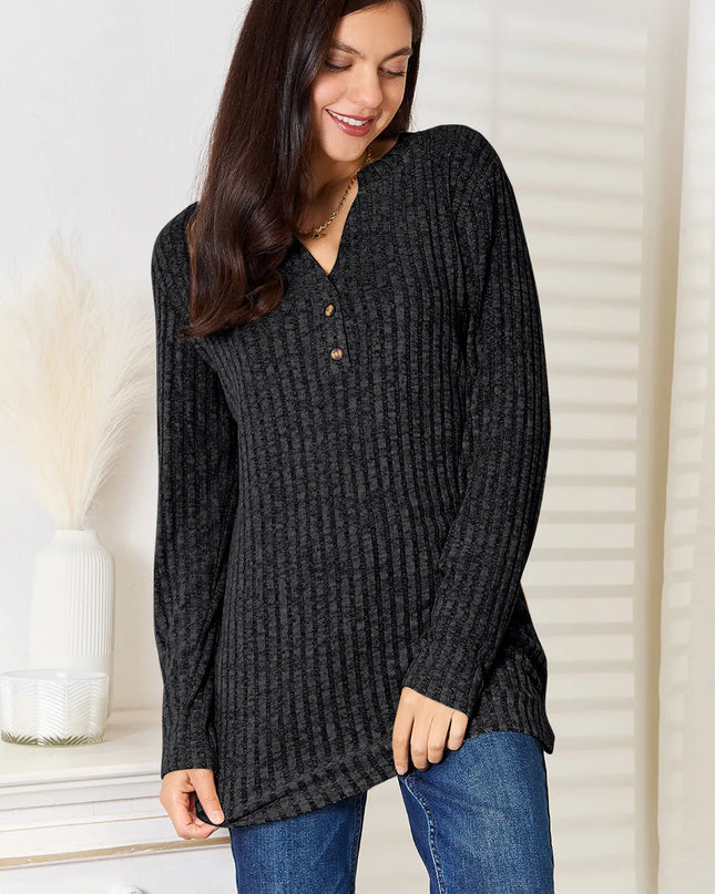 Double Take Notched Neck Ribbed Long Sleeve T-Shirt