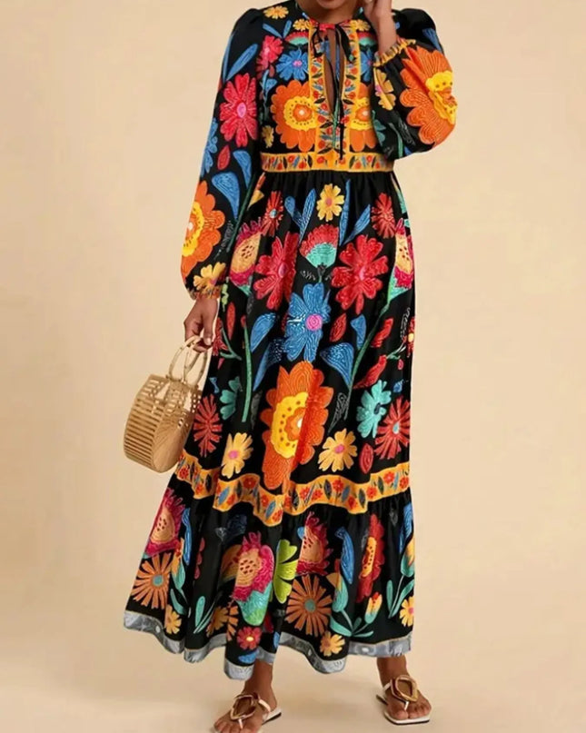 Floral Tie Waist Long Sleeve Dress