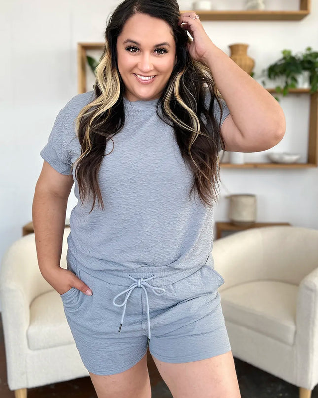 Double Take Full Size Texture Short Sleeve T-Shirt and Drawstring Shorts Set
