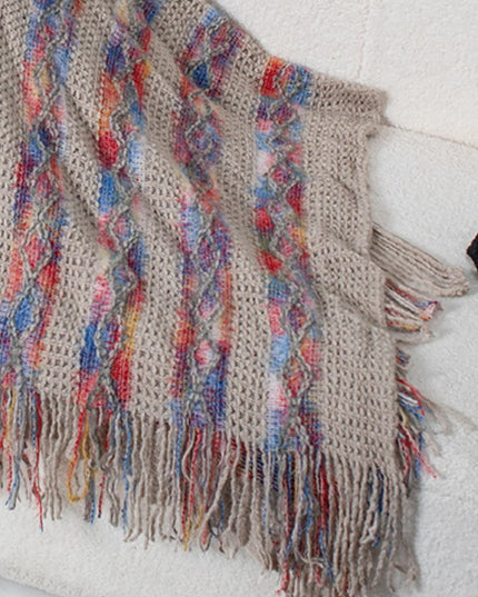 Fringe Contrast Hooded Poncho