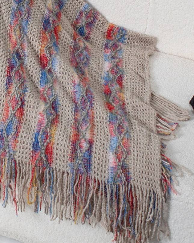 Fringe Contrast Hooded Poncho