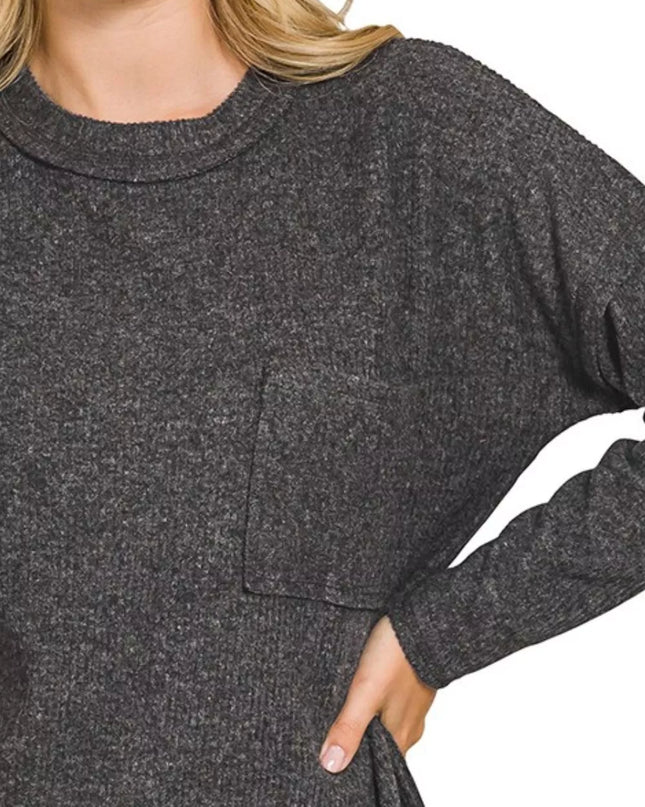 Zenana Ribbed Brushed Melange Hacci Sweater with Chest Pocket