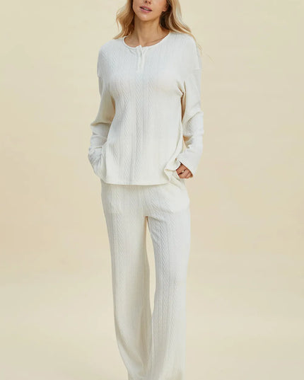 Double Take Full Size Cable-Knit Long Sleeve Top and Pants Set