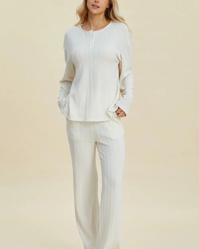 Double Take Full Size Cable-Knit Long Sleeve Top and Pants Set