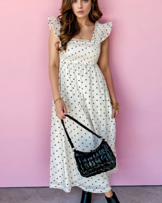 Polka Dot Ruffle Sleeve Smocked Midi Dress