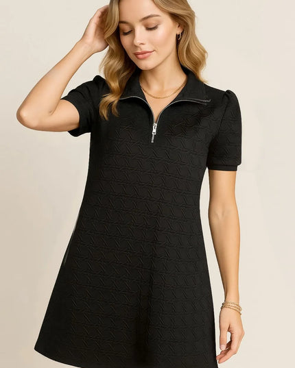 Oh Textured Quarter Zip Short Sleeve Dress Black