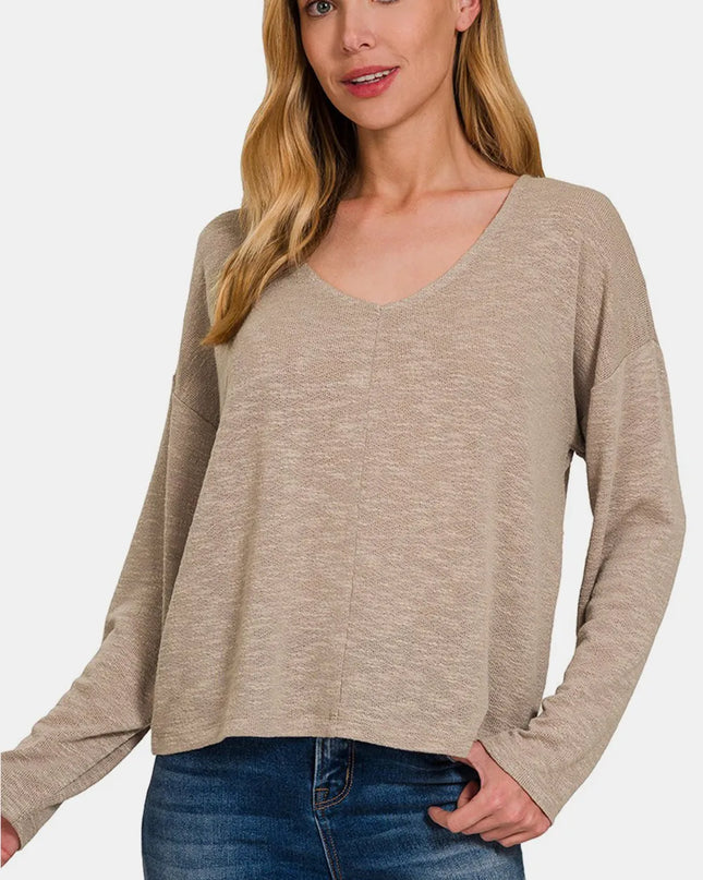 Zenana Dropped Shoulder Long Sleeve T-Shirt Lt Mocha