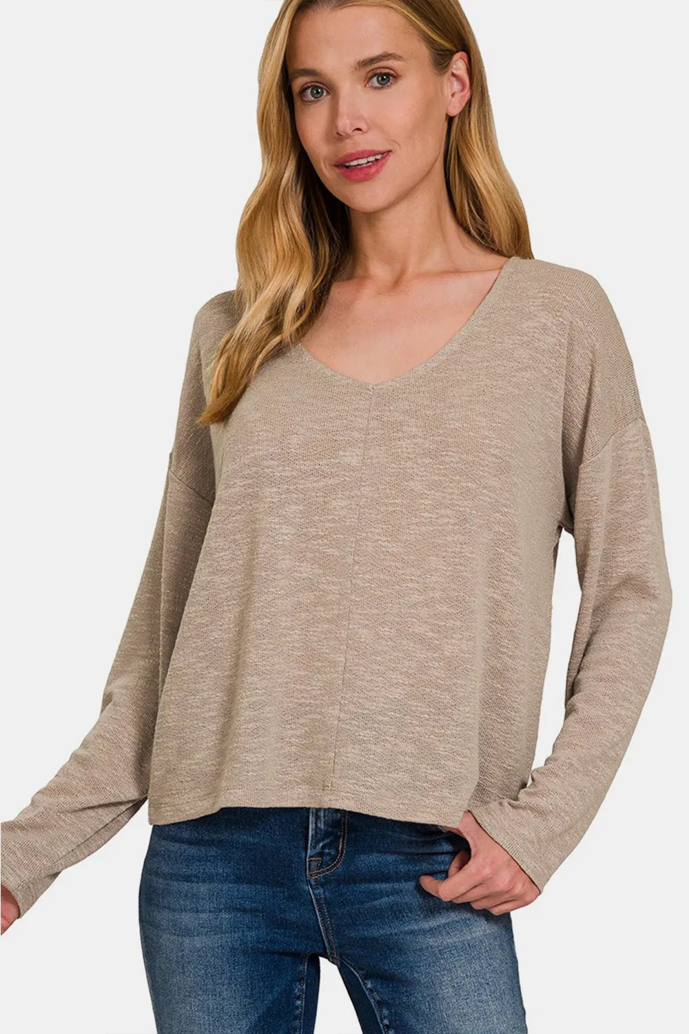 Zenana Dropped Shoulder Long Sleeve T-Shirt Lt Mocha