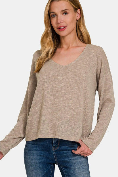 Zenana Dropped Shoulder Long Sleeve T-Shirt Lt Mocha