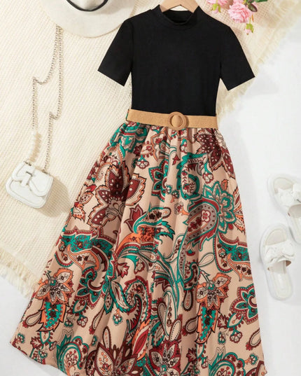 Children's Printed Short Sleeve Dress Tan