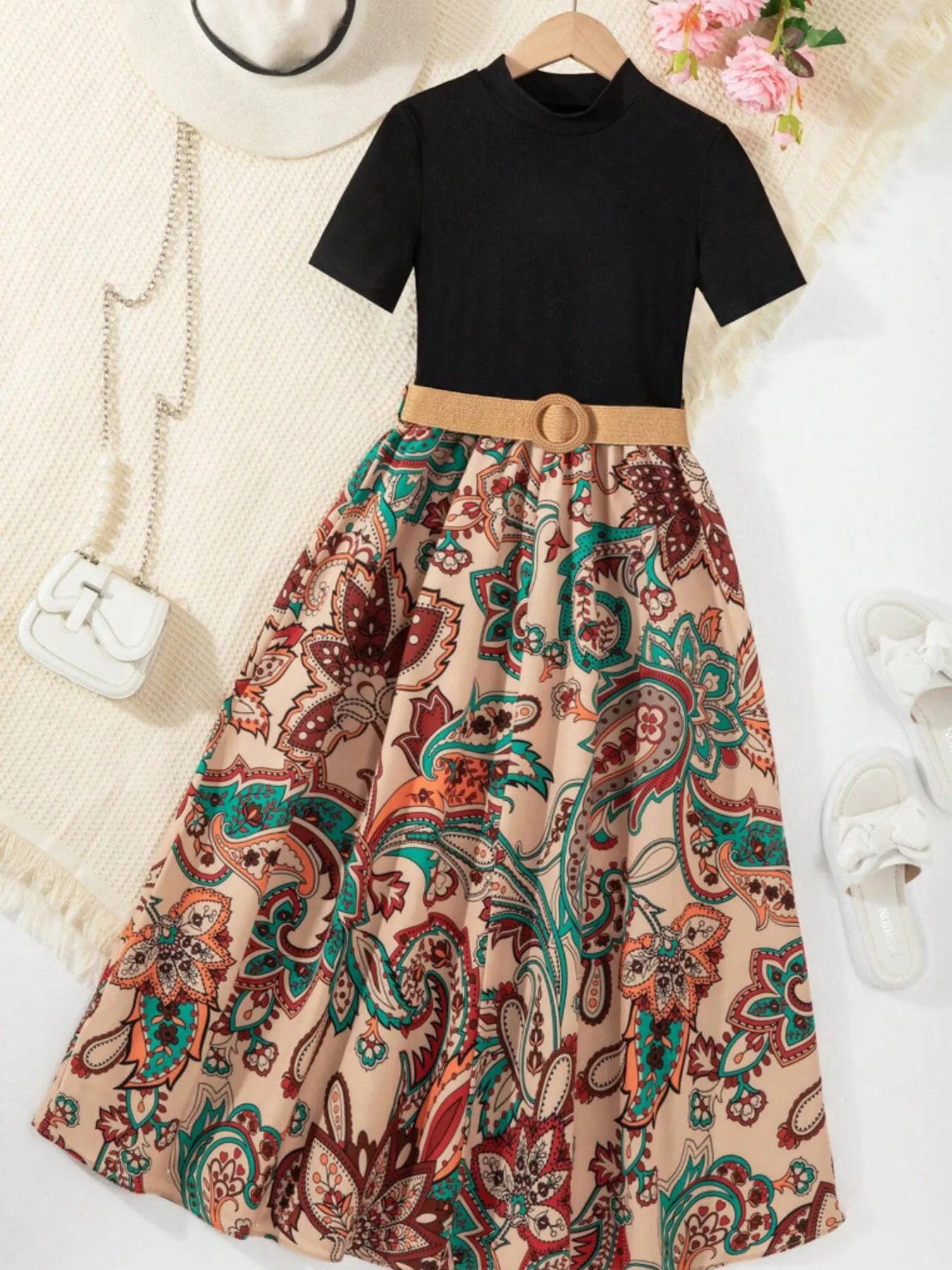 Children's Printed Short Sleeve Dress Tan