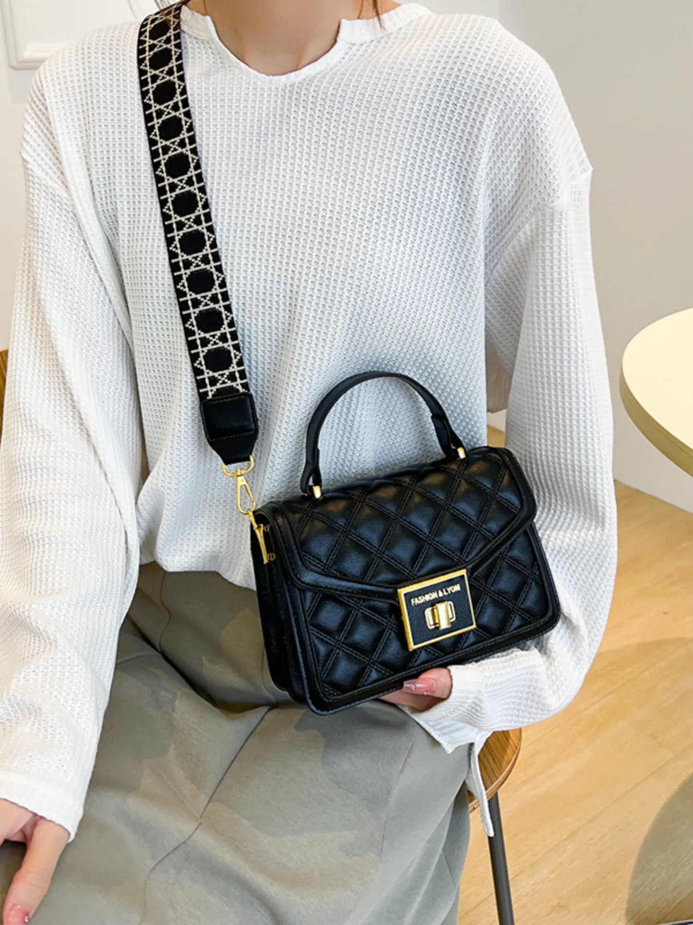 Quilted Adjustable Strap Shoulder Bag Black One Size
