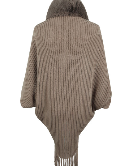 Fringe Detail Long Sleeve Ribbed Poncho