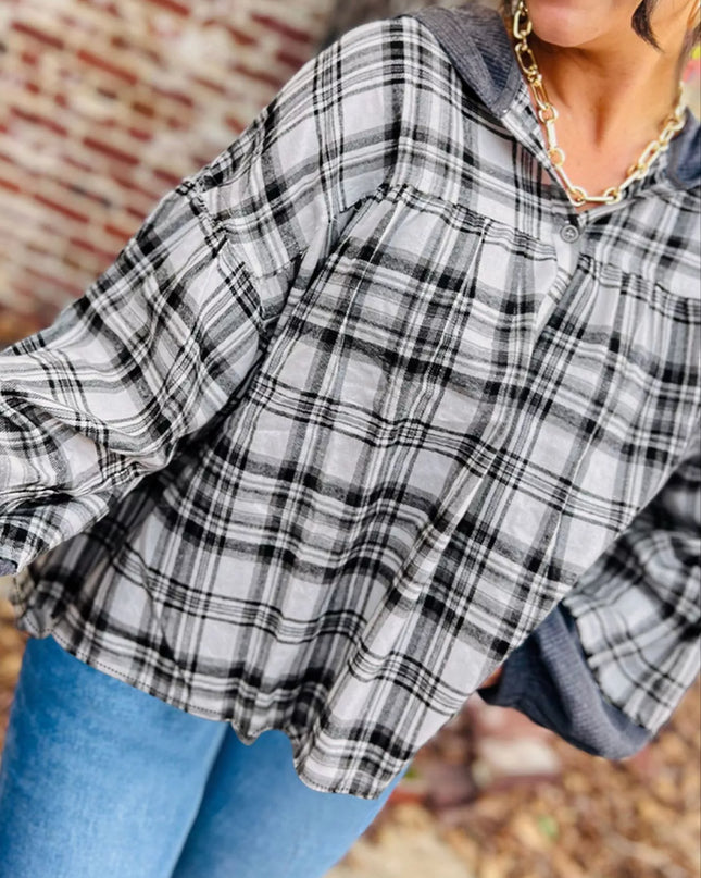 Plaid Long Sleeve Hooded Top Gray