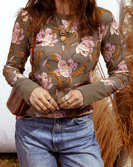 Floral Print Waffle Textured Long Sleeve Top