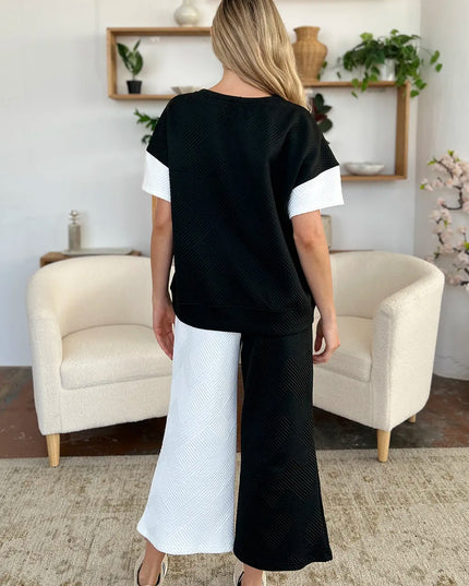 Double Take Full Size Texture Contrast T-Shirt and Wide Leg Pants Set