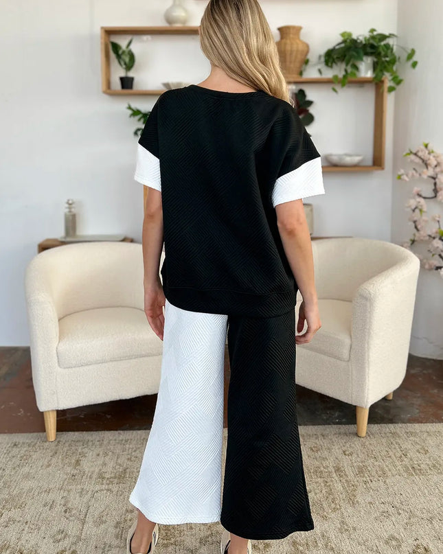 Double Take Full Size Texture Contrast T-Shirt and Wide Leg Pants Set