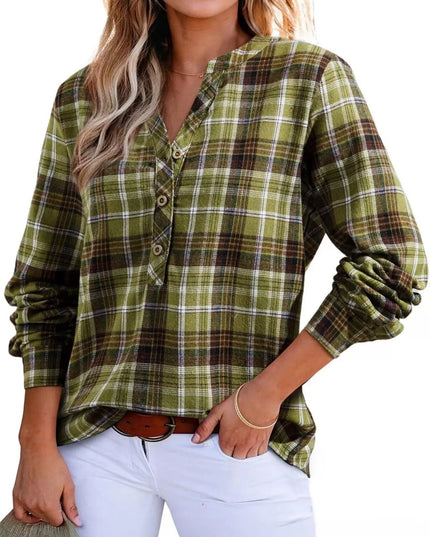 Plaid Half Button Long Sleeve Blouse
