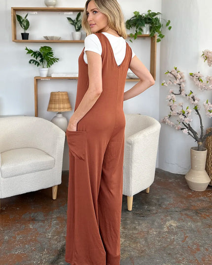Double Take Full Size Sleeveless Wide Leg Jumpsuit with Pockets