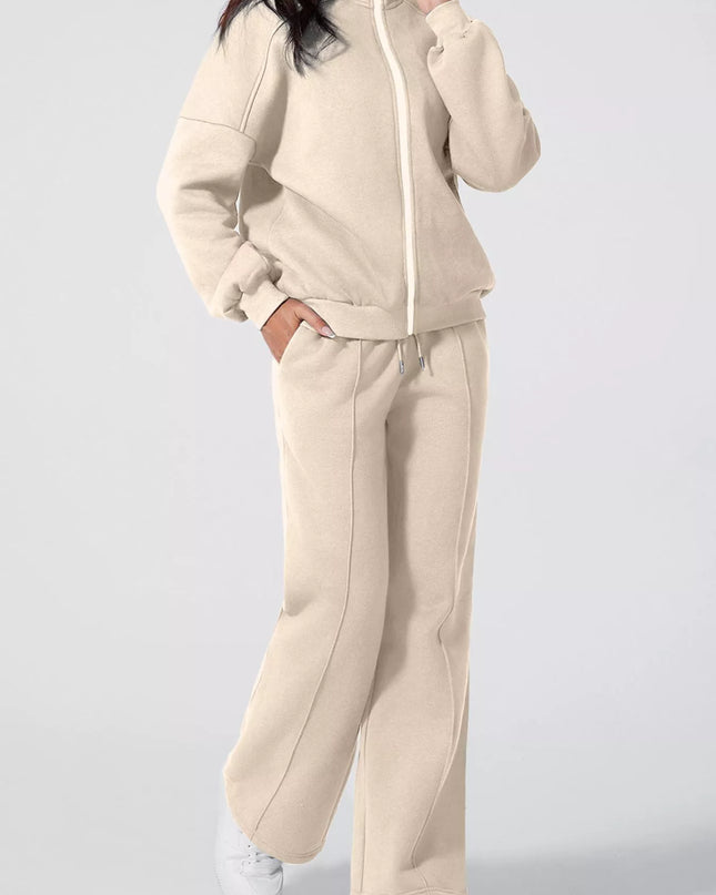 Drop Shoulder Zip Up Jacket and Drawstring Pants Active 2pcs Set